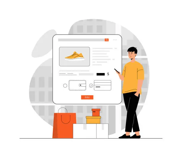 Vector illustration of Shopping online. Man buy shoes in online store and order delivery through mobile application, pay with credit card. Illustration with people scene in flat design for website and mobile development.