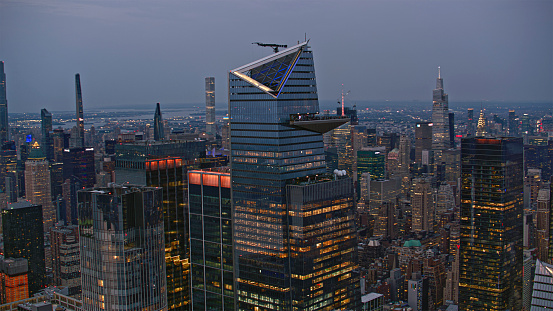 Aerial view of 30 Hudson Yards surrounding with Midtown Manhattan in New York City, New York State, USA.