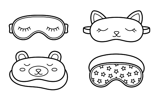 Set of cute sleep masks. Collection of eye accessories for sleep and travel. Doodle sketch style. Isolated vector illustration.