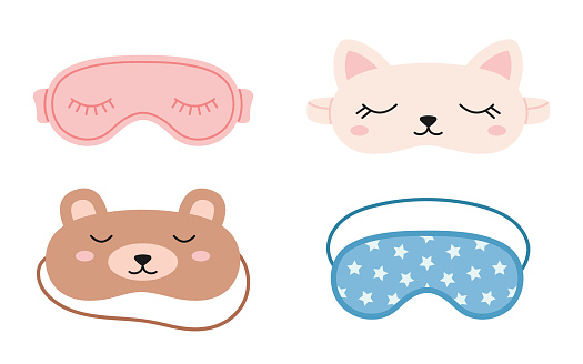 Set of cute sleep masks. Collection of eye accessories for sleep and travel. Flat vector illustration isolated on white background.