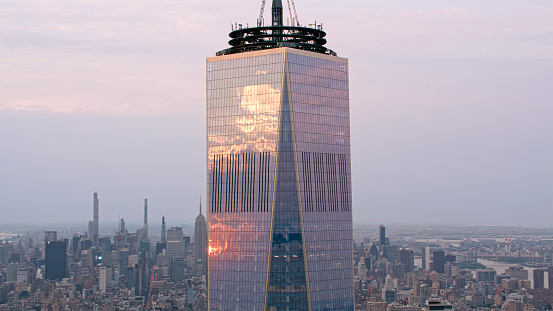 Aerial view of One World Trade Center surrounding by New York City, New York State, USA.
