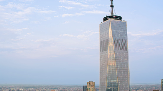 Low angle view of One World Trade Center in New York City, New York State, USA.