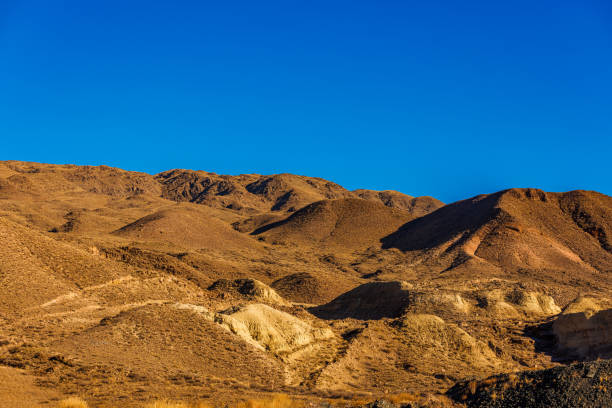 Kyrgyzstan landscape with a mountain range towering against a clear blue sky. The dried grasslands and gentle slopes create a natural horizon