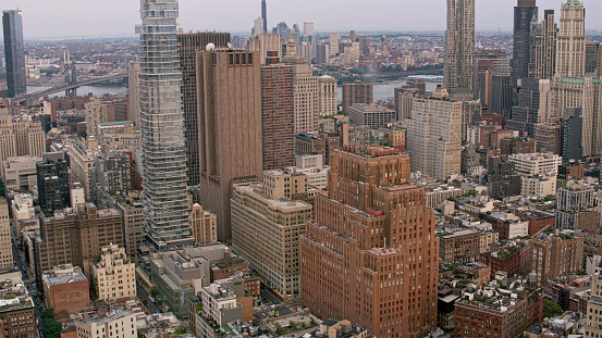 Aerial view financial district of Manhattan in New York City, New York State, USA.