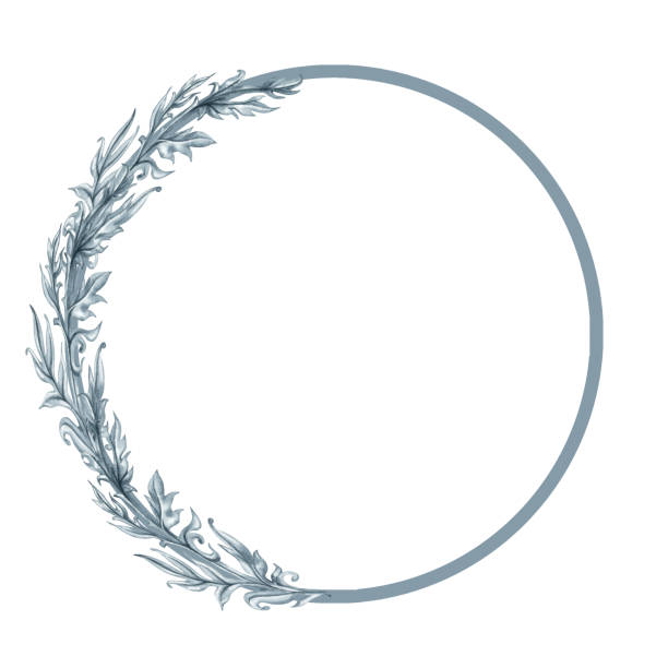 Watercolor monochrome gray round frame of abstract plant patterns and branches with leaves for borders, frames, background, textiles, fabrics, cards, stickers, scrapbooking, invitations, greetings.