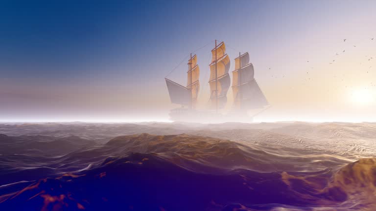 A sailboat on the sea of the morning fog permeated