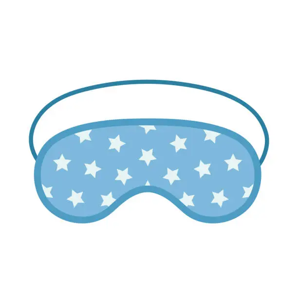 Vector illustration of Sleep mask. Night accessory to sleep, travel and recreation. Blue eye mask with stars. Flat vector illustration isolated on white background.