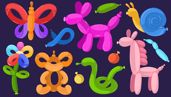 Balloon pets set. Cartoon helium animal characters, colorful bubble animals. Toys for kids festival, birthday party. Entertainment equipment, butterfly, flower, pets. Vector hand draw illustration