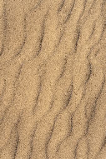 Background of sun-kissed sand of radiant yellow color palette. Top view, copy space.