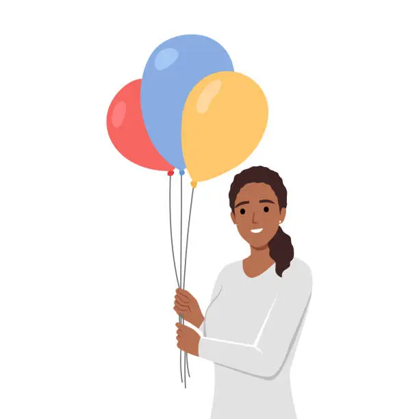 Vector illustration of Young woman in a Cute Sunday Dress Holding on to a Group of Balloons Tied Together