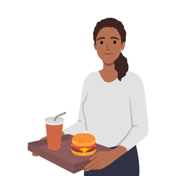 Vector illustration of Young standing holding tray with burger and lemonade drink unhealthy eating