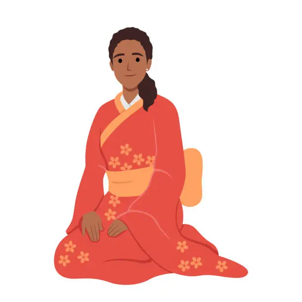 Vector illustration of Woman in kimono furisode sitting on the floor greeting.