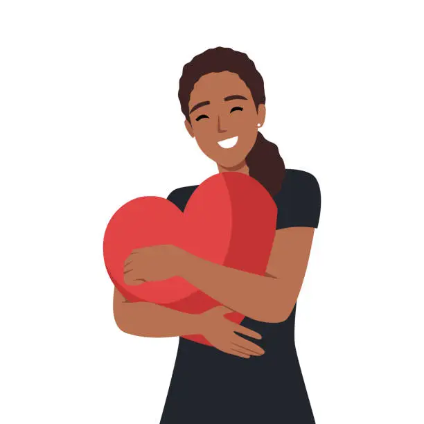 Vector illustration of Young woman embraces big red heart with mindfulness and love. Self acceptance and confidence concept.