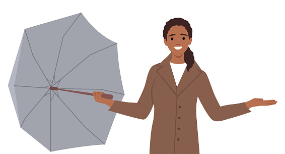 A woman with an open umbrella in her hands. Flat vector illustration isolated on white background