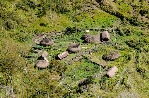 Baliem Valley, Wamena, West Papua, Indonesia - oct  29, 2010 :  aerial view of a Dani village on the mountains in the center of West Papua