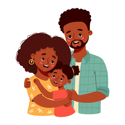 Happy black family. Cute smiling ethnic man father, pretty mother and daughter. Vector illustration.