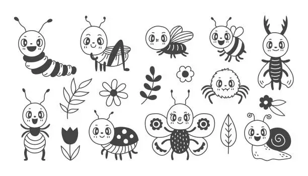Vector illustration of Cute insect characters set with leaves and flowers in doodle style