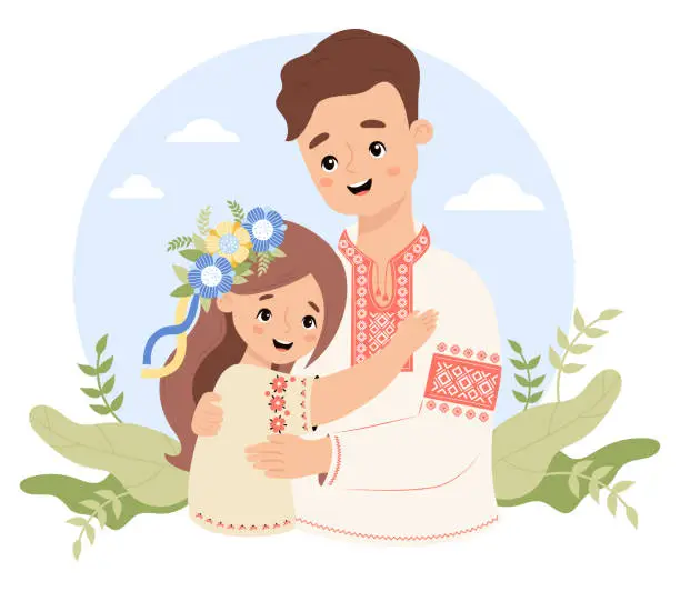 Vector illustration of Happy Ukrainian man father and daughter with floral wreath with yellow-blue ribbons in traditional clothes, embroidered shirt. Vector illustration. Festive national character family