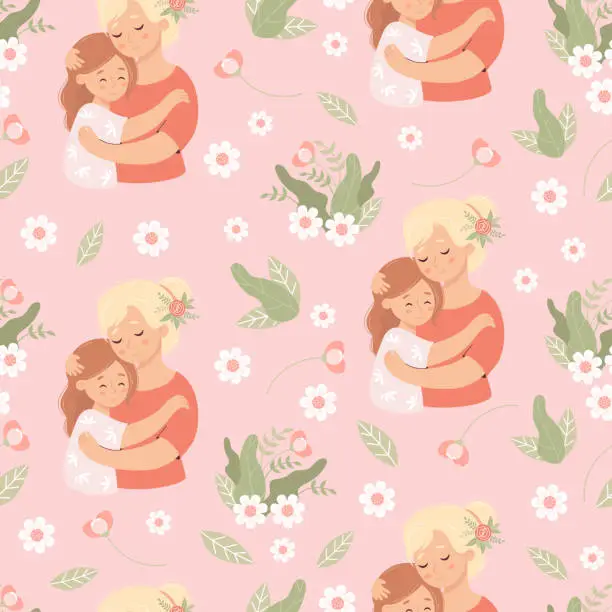 Vector illustration of Seamless pattern with happy woman mother with daughter on pink background with flowers. Vector illustration in flat cartoon style. Mothers holiday confession