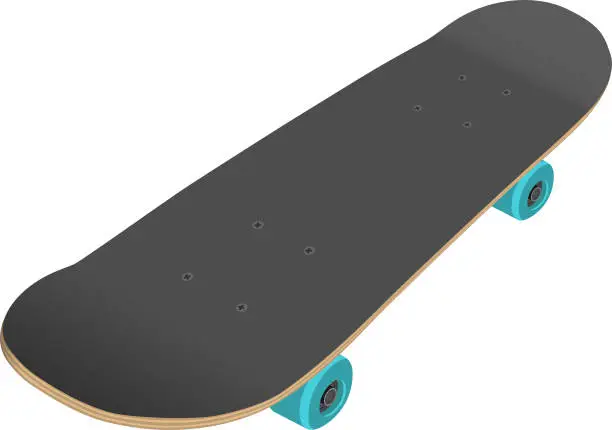 Vector illustration of Skateboard plywood deck with blue wheels angled aspect top front side view isolated vector illustration