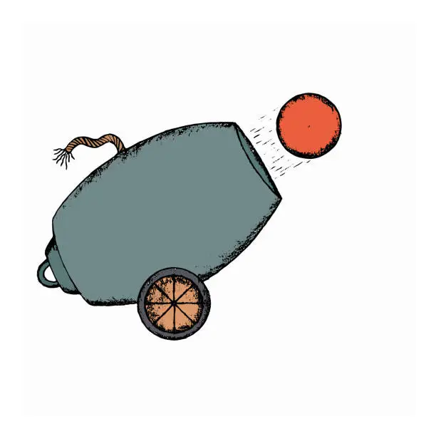 Vector illustration of An ancient cannon with a fuse from which a cannonball flies out.