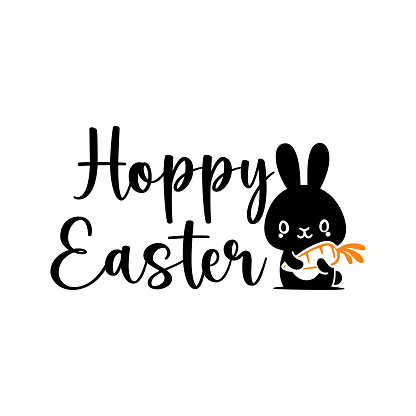 Cute baby bunny with carrot, silhouette, outline, easter holiday. Vector stock illustration.