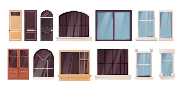 Vector illustration of Set of windows and doors for house exterior. Building interior decoration. Vector collection of isolated cartoon architecture design elements.