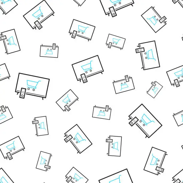 Vector illustration of Online shopping with TV. Seamless pattern. Line icons on white background