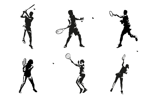 Tennis, group of men and women playing tennis, isolated vector silhouettes