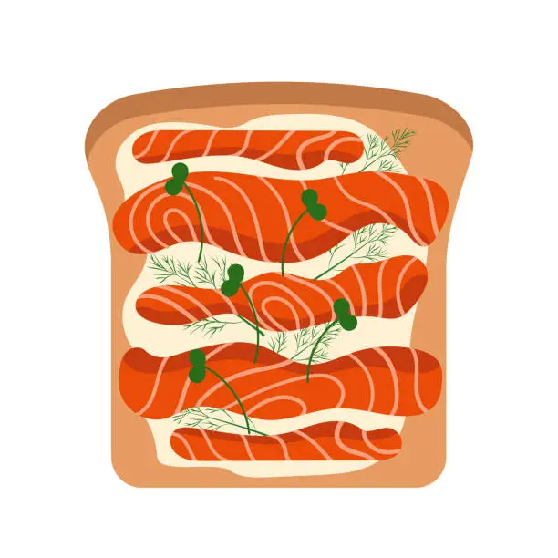 Vector illustration of Salmon, trout butter and fresh bread. Healthy snack. Breakfast food.