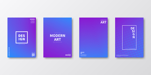 Set of four vertical brochure templates with abstract and geometric backgrounds. Modern and trendy background with color gradients (colors used: Blue, Purple, Pink). Can be used for different designs, such as brochure, cover design, magazine, business annual report, flyer, leaflet, presentations... Template for your design, with space for your text. The layers are named to facilitate your customization. Vector Illustration (EPS10, well layered and grouped). Easy to edit, manipulate, resize or colorize.