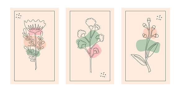 Set of fashionable posters with Flowers. Abstract illustration in the style of a single line. Modern art is a continuous line. Minimalism. Vector illustration.
