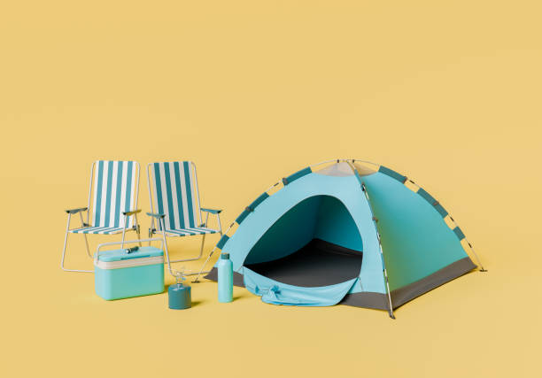 Campsite Setup with Tent, Cooler, and Striped Chairs on Yellow Background 3D rendering of a camping setup with a blue tent, portable cooler, gas burner, and striped folding chairs on a mustard yellow background. Outdoor adventure concept. tienda stock pictures, royalty-free photos & images