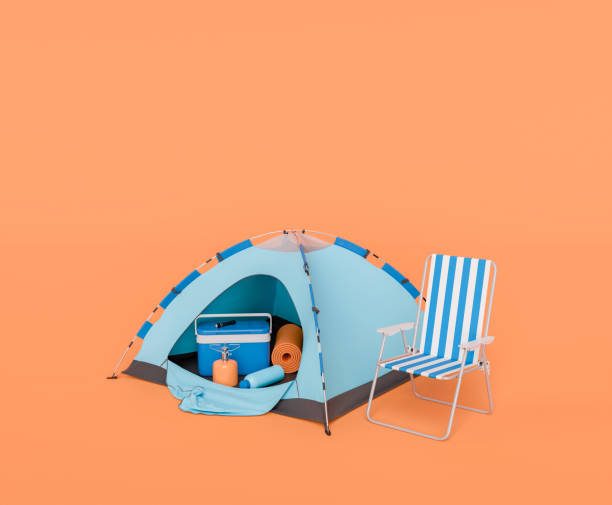 Camping Tent with Accessories and Striped Chair on Orange Background 3D rendering of a blue camping tent with a mat, cooler, and lantern inside, next to a striped lounge chair on a warm orange background. Camping leisure concept. tienda stock pictures, royalty-free photos & images