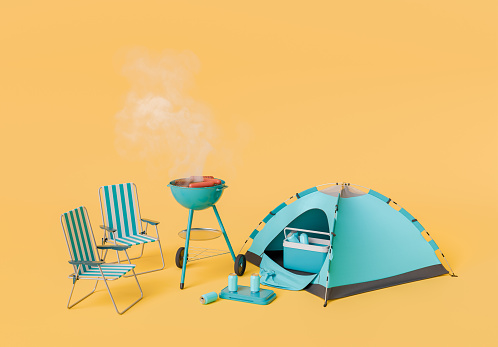 3D rendering of a campsite with smoke rising from a BBQ grill, a blue tent, and striped chairs against a cheerful yellow background. Outdoor cooking concept.