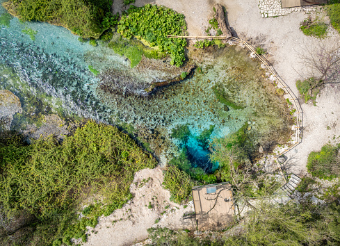 Aerial view of the Blue Eye, natural spring in the Albanian mountains with various footpaths