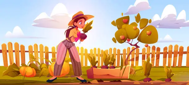 Vector illustration of Young woman gardening on yard or field with fence