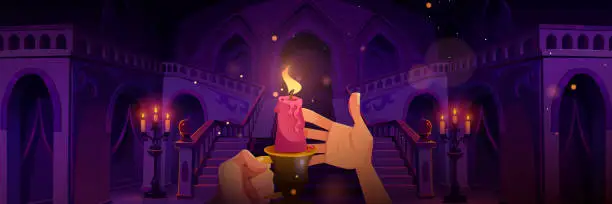 Vector illustration of Human hands holding lighted candle in castle hall