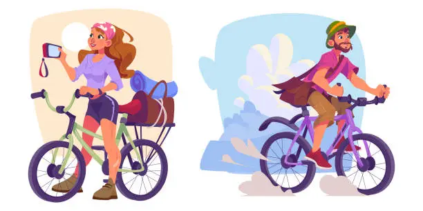 Vector illustration of Tourists ride bicycle while travel