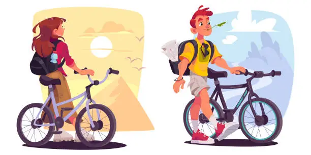 Vector illustration of Set of cycling tourists traveling by bike