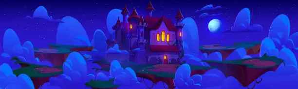 Vector illustration of Night fairytale castle on floating island