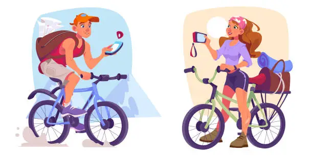 Vector illustration of Set of cycling tourists enjoying travel