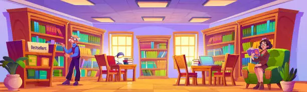 Vector illustration of People reading books in library