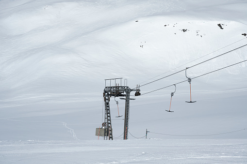 View from a ski slope at Myrkdalen Alpine Ski Resort in Norway, Scandinavia, Europe in winter (April).