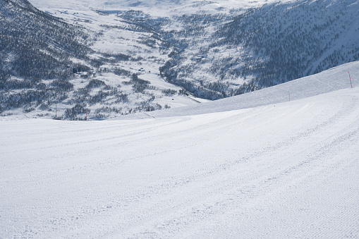 View from a ski slope at Myrkdalen Alpine Ski Resort in Norway, Scandinavia, Europe in winter (April).