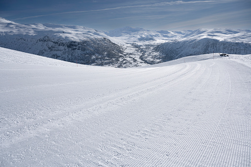 View from a ski slope at Myrkdalen Alpine Ski Resort in Norway, Scandinavia, Europe in winter (April).