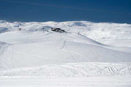 View from a ski slope at Myrkdalen Alpine Ski Resort in Norway, Scandinavia, Europe in winter (April).