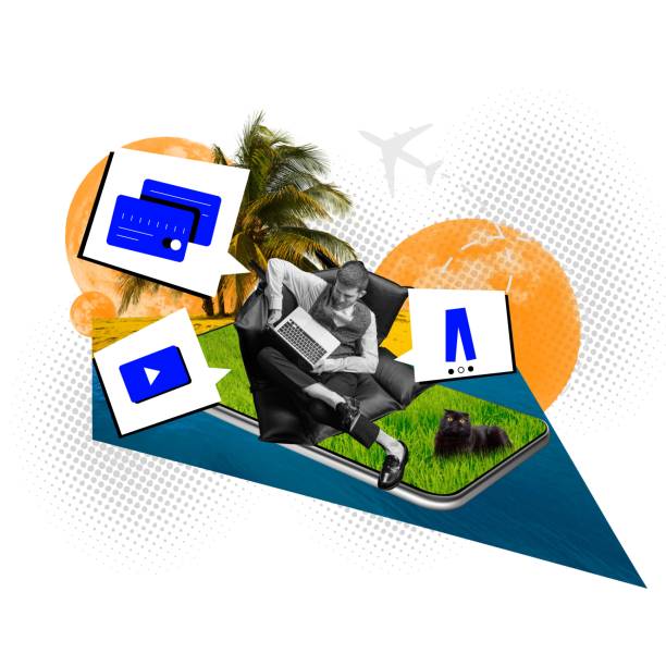 istock Work-vacation balance. Man sitting on phone screen, working on laptop against tropical background. Contemporary art collage. 2098780721