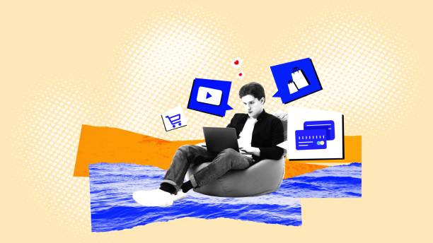 istock Concentrated young man sitting on vacation and working on laptop, watching video, using social media. Contemporary art collage. 2098780882