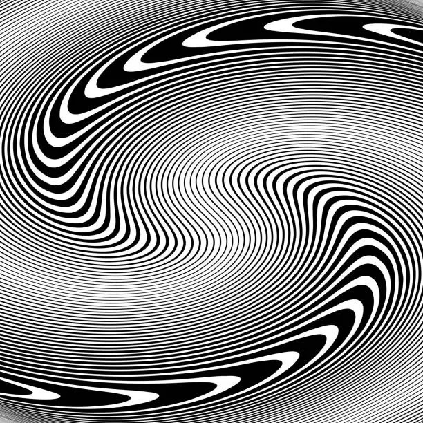 Vector illustration of Vortex Whirl Movement Halftone Op Art Design. Abstract Textured Black and White Background.